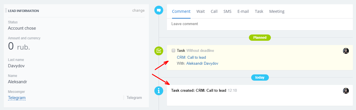 task is displayed in lead stream not comments